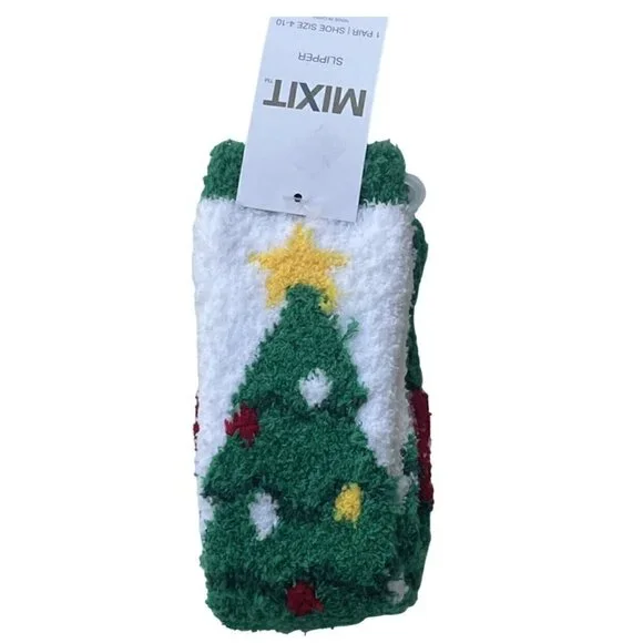MIXIT 1 Pair Christmas Tree Cozy Fleece Non-Slip Slipper Socks Fits Shoe 4-10 - Picture 3 of 7